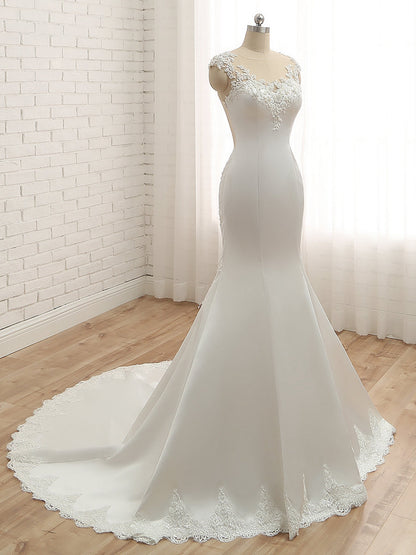 Trumpet/Mermaid Scoop Sleeveless Applique With Beading Lace Satin Court Train Wedding Dresses