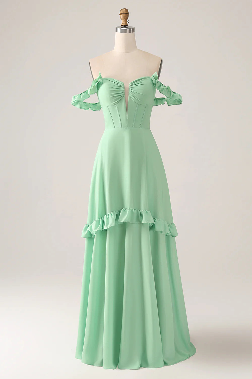 Green A Line Off The Shoulder Corset Bridesmaid Dress With Ruffles