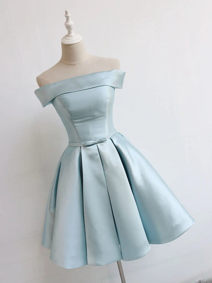 Buyishang Simple A-Line Satin Blue Short Prom Dress Blue Satin Homecoming Dress