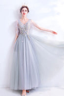 Gray V-Neck Lace Long Formal Dress A-Line Gray Evening Party Dress