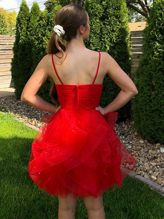 Princess Spaghetti Straps Ruffles Sleeveless Tulle Short/Mini Homecoming Dresses