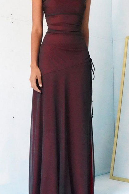 Sheath Spaghetti Straps Burgundy Long Prom Dress with Silt