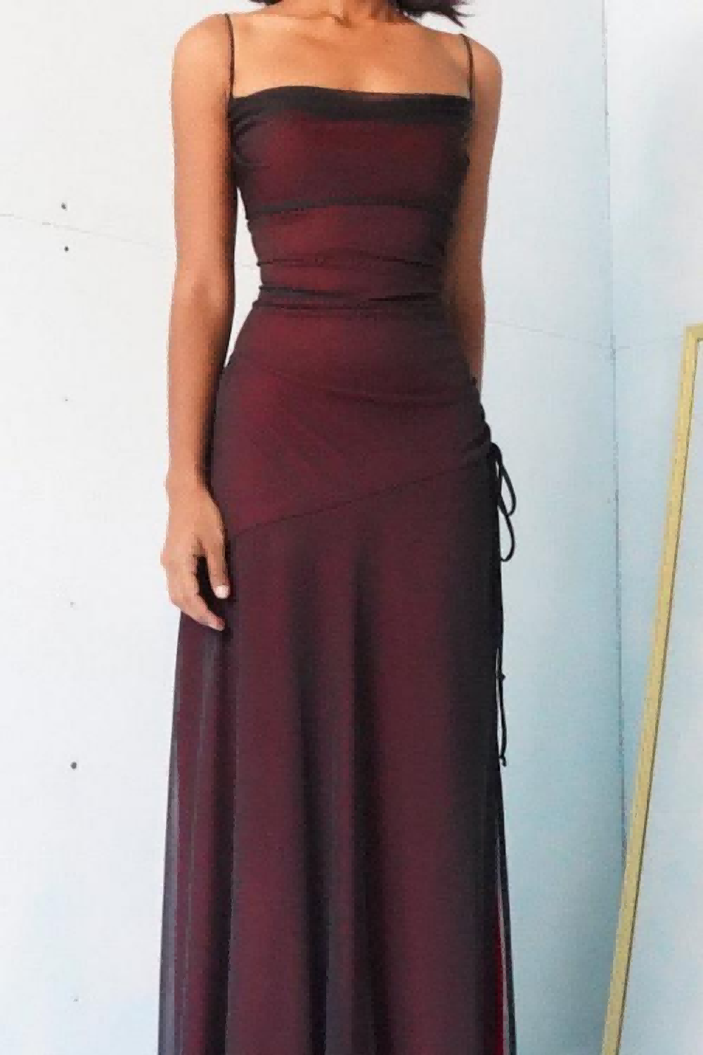 Sheath Spaghetti Straps Burgundy Long Prom Dress with Silt