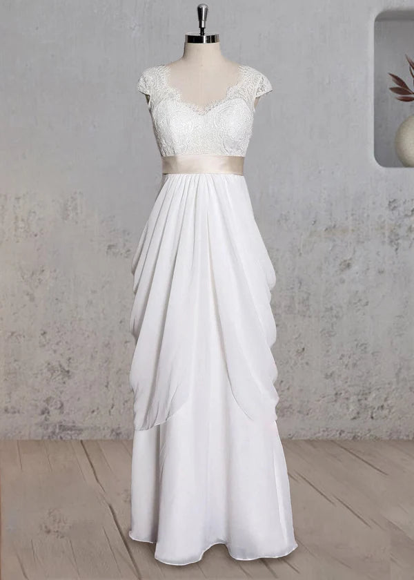 Buyishang Special Design Lace Cap Sleeve Chiffon Skirt With Champagne Sash