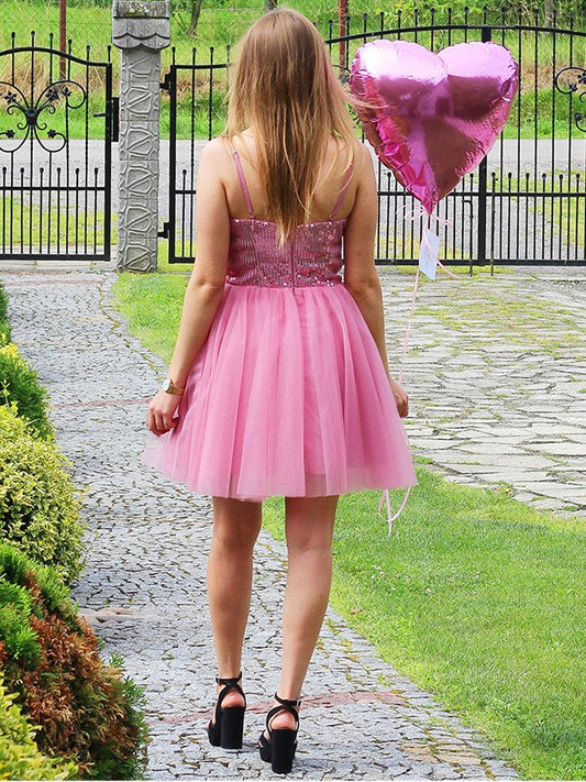 Princess Sleeveless Tulle Sequin Spaghetti Straps Short/Mini Homecoming Dresses