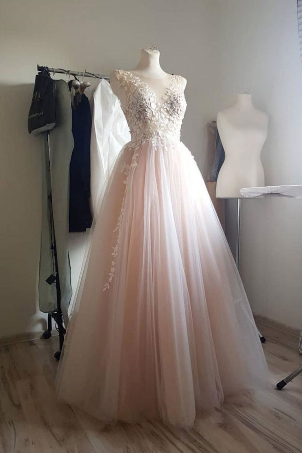 A Line Round Neck Pink Long Prom Dress with Appliques