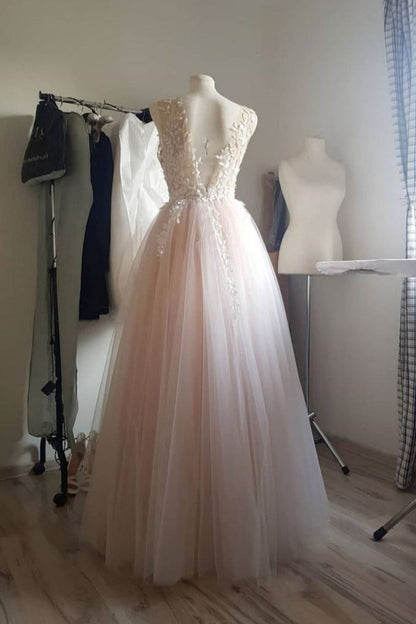 A Line Round Neck Pink Long Prom Dress with Appliques