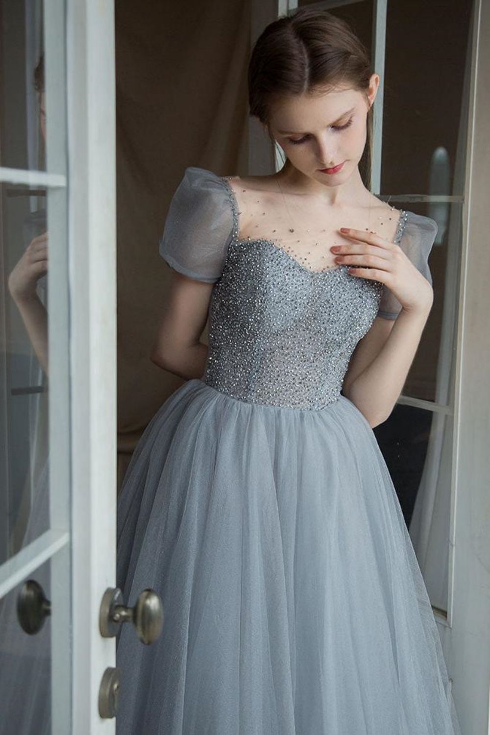 A Line Square Neck Grey Long Prom Dress with Beading