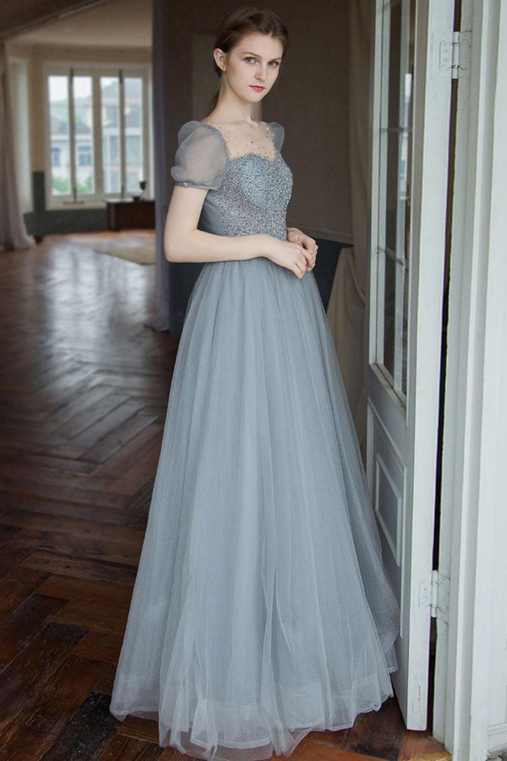 A Line Square Neck Grey Long Prom Dress with Beading