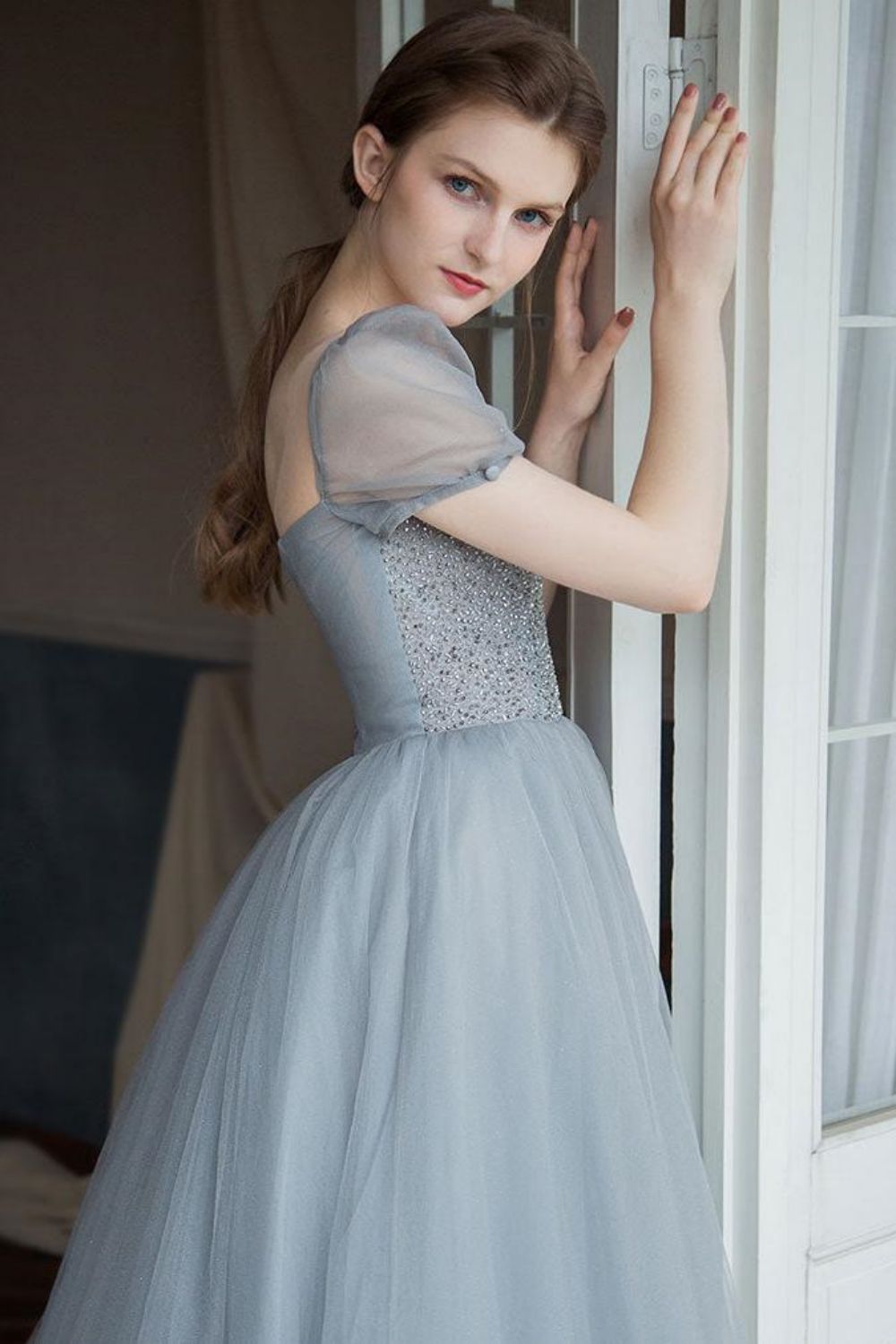 A Line Square Neck Grey Long Prom Dress with Beading