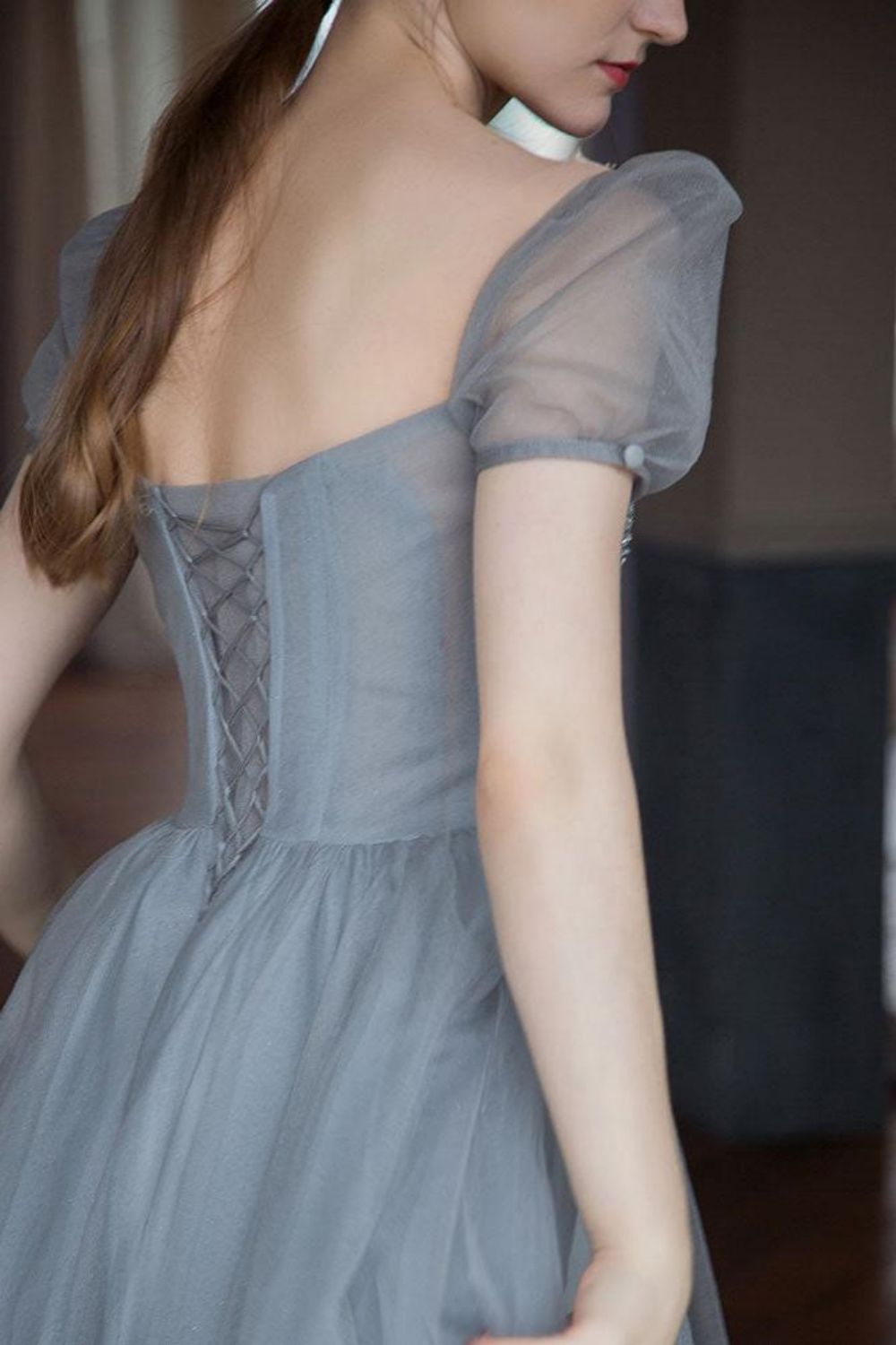 A Line Square Neck Grey Long Prom Dress with Beading