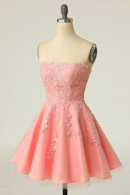 Blush Strapless Short Prom Dress with Appliques