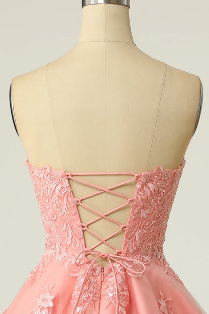 Blush Strapless Short Prom Dress with Appliques