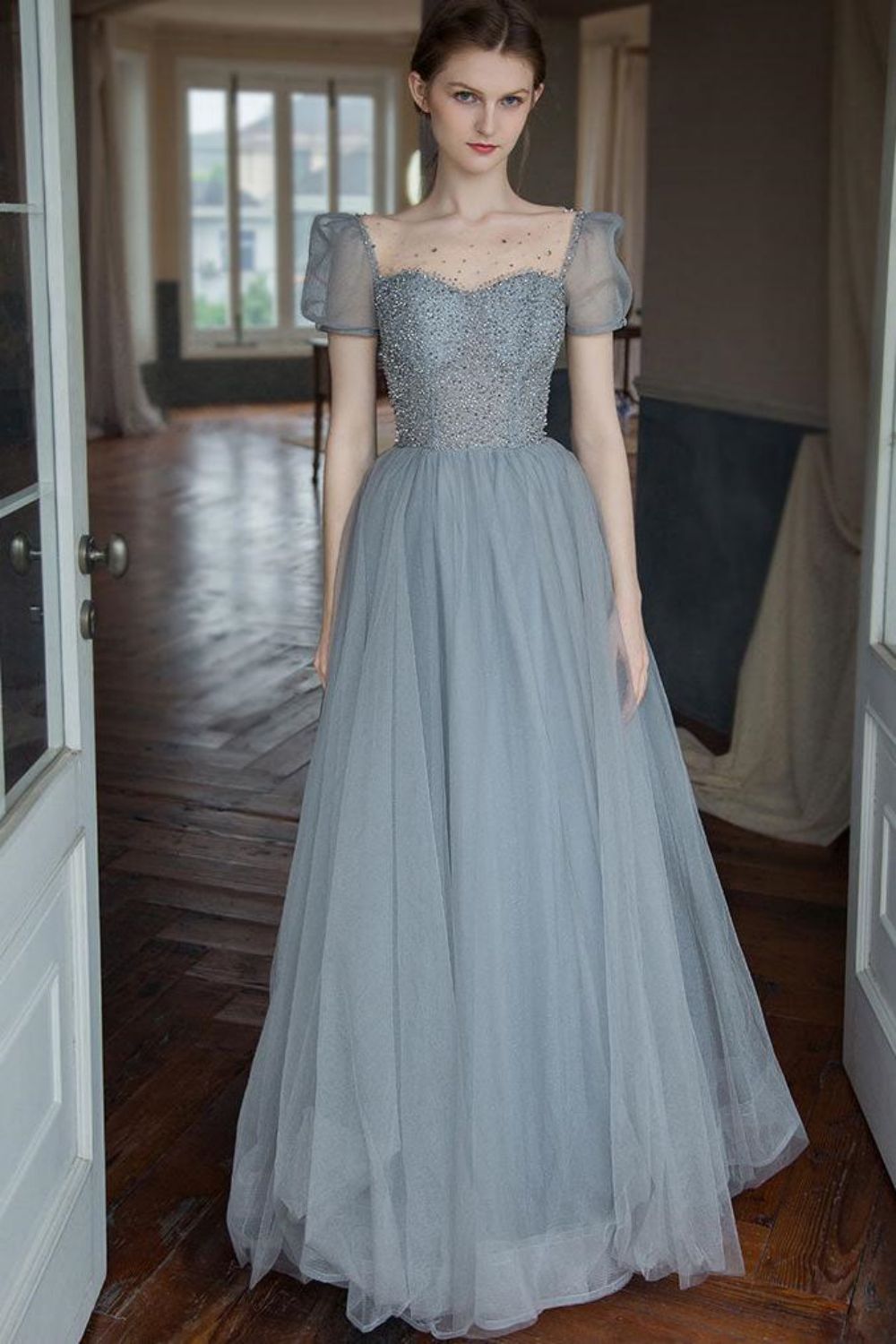 A Line Square Neck Grey Long Prom Dress with Beading