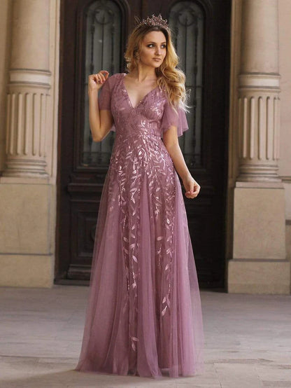 Shimmery V Neck Ruffle Sleeves Sequin Maxi Long Evening Dress/Prom Dresses