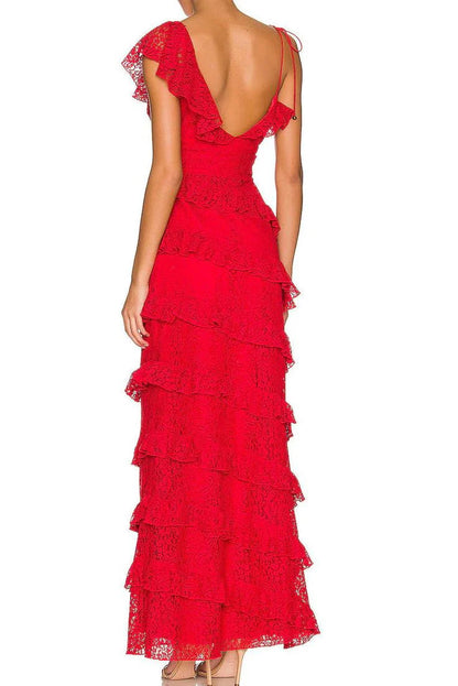 Buyishang Red Lace Long Prom Dress Tiered Evening Dresses Graduation Gown