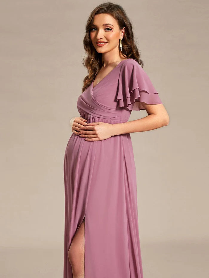 A-Line Ruffles Sleeve Front Slit Pleated Chiffon Maternity Dress/Prom Dresses