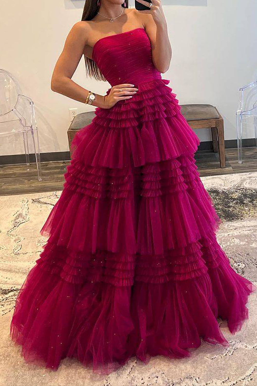 A Line Strapless Fuchsia Long Prom Dress with Ruffles