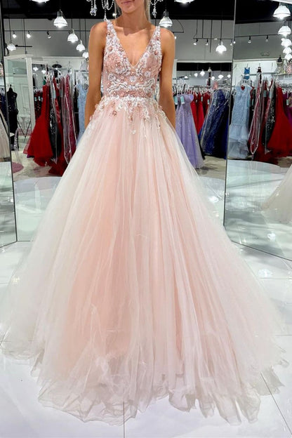 Charming A Line V Neck Blush Long Prom Dress with Appliques