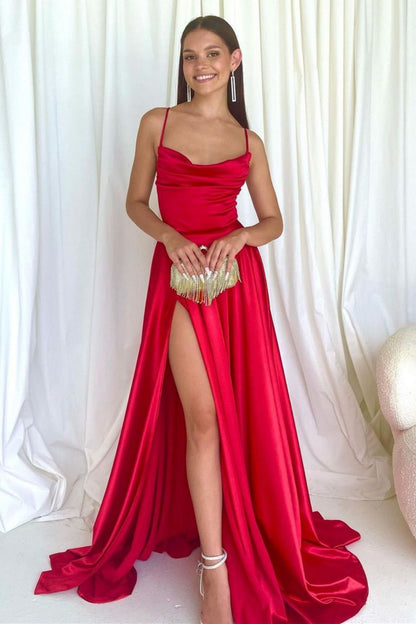 Simple A Line Spaghetti Straps Red Long Prom Dress with Criss Cross Back