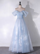 Buyishang A-Line Off Shoulder Tulle Lace Blue Long Prom Dress Blue Long Formal Dress