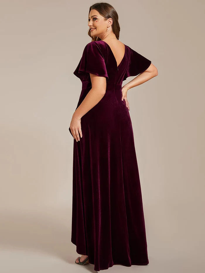 Double V-Neck Sleeves Stretchy Velvet Evening Dress with Lotus Leaf Hem