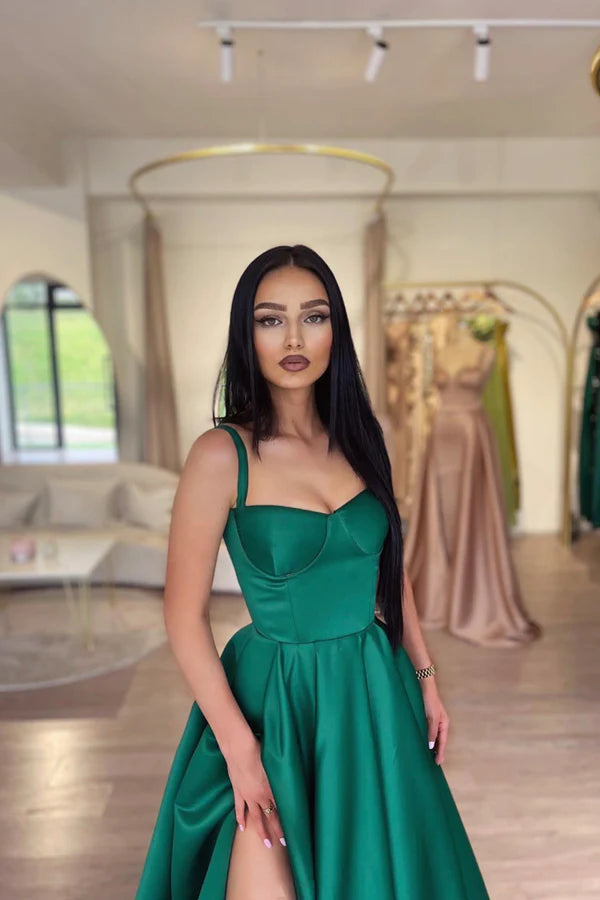 Dark Green Satin Long Prom Dress Beautiful A-Line Evening Dress Party Dress