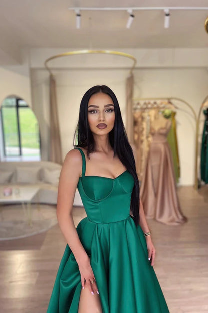 Dark Green Satin Long Prom Dress Beautiful A-Line Evening Dress Party Dress