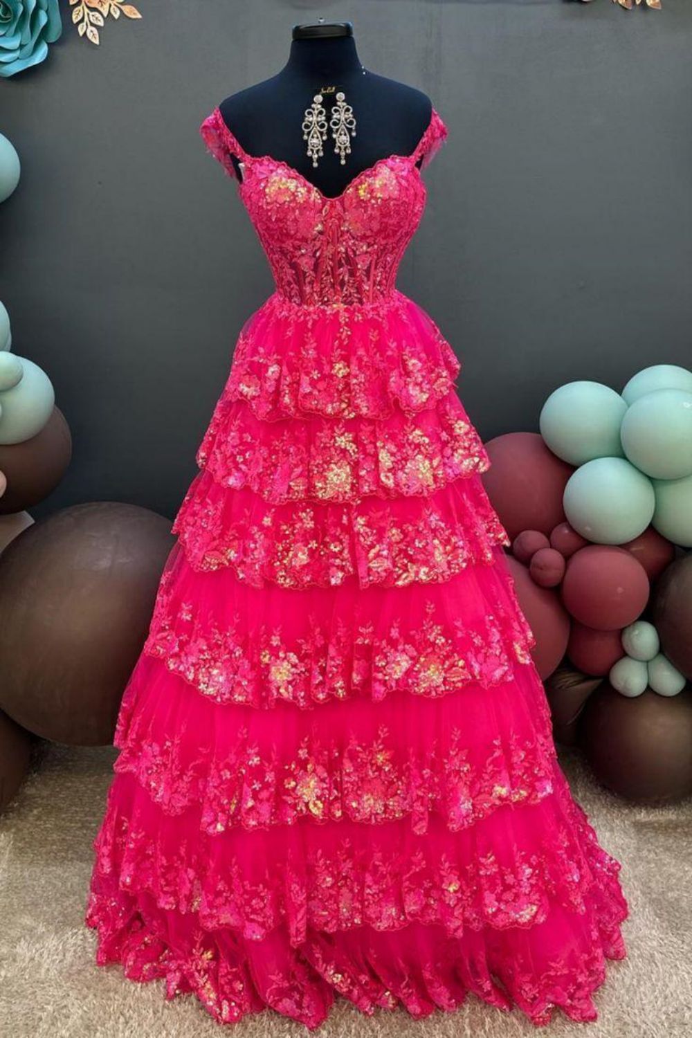 Princess A Line Off the Shoulder Fuchsia Corset Prom Dress with Ruffles