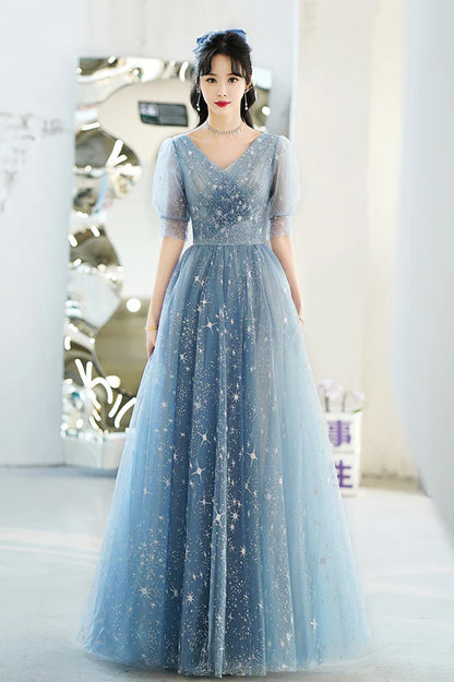 Blue V-Neck Tulle Long A-Line Prom Dress Blue Evening Graduation Dress