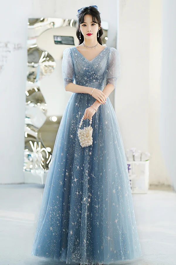 Blue V-Neck Tulle Long A-Line Prom Dress Blue Evening Graduation Dress