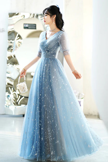 Blue V-Neck Tulle Long A-Line Prom Dress Blue Evening Graduation Dress