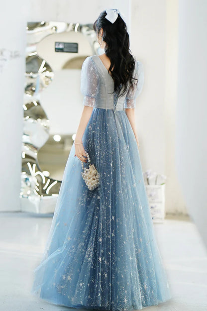 Blue V-Neck Tulle Long A-Line Prom Dress Blue Evening Graduation Dress