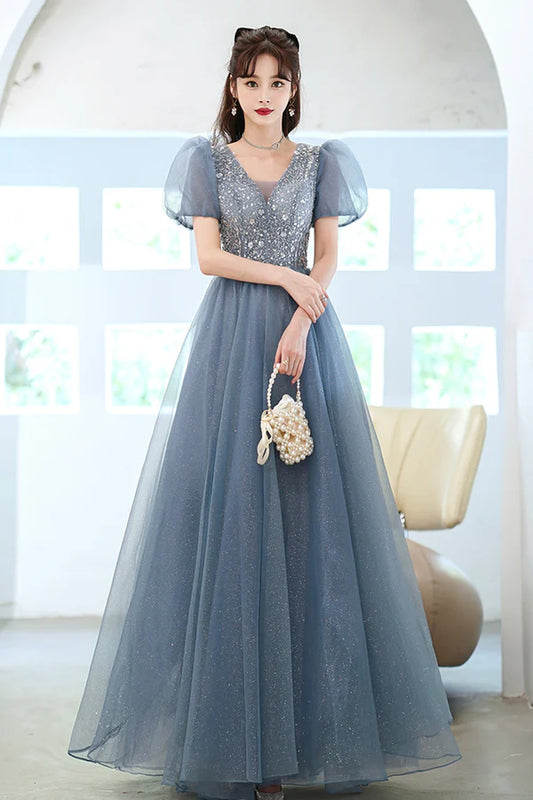 Cute Tulle Floor Length Prom Dress with Beaded A-Line V-Neck Evening Dress