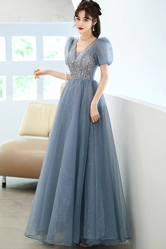 Cute Tulle Floor Length Prom Dress with Beaded A-Line V-Neck Evening Dress