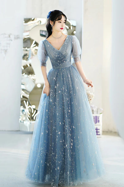 Blue V-Neck Tulle Long A-Line Prom Dress Blue Evening Graduation Dress