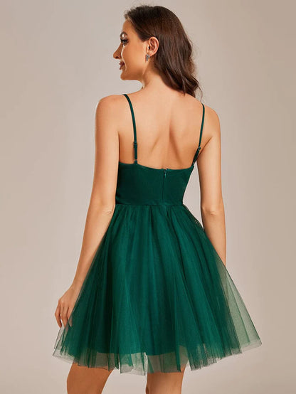 Dreamy Spaghetti Strap Tulle Short Pleated Homecoming Dress/Prom  Dresses