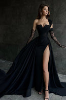 A Line Lace Appliques High Split Black Long Prom Formal Dress