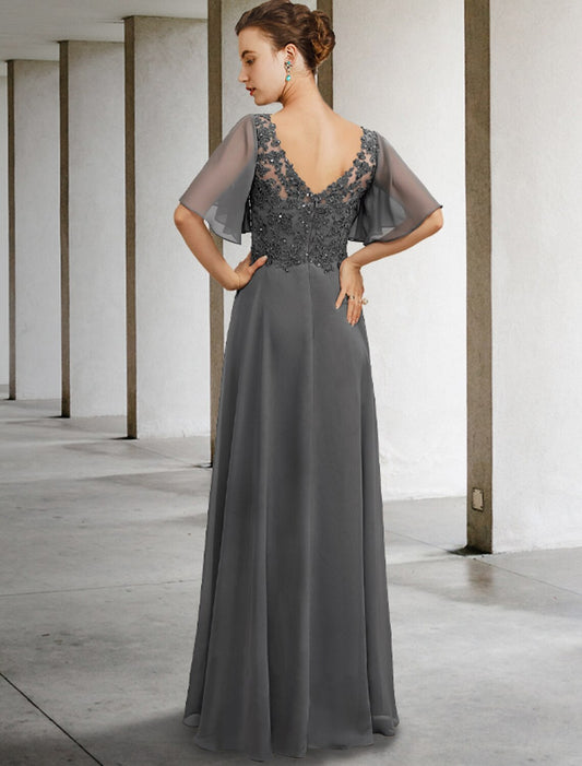 A-Line Mother of the Bride Dress Luxurious Elegant V Neck Floor Length Chiffon