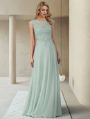 Sheath / Column Mother of the Bride Dress Elegant Jewel Neck Floor Length Chiffon Lace Short Sleeve with Pleats Appliques