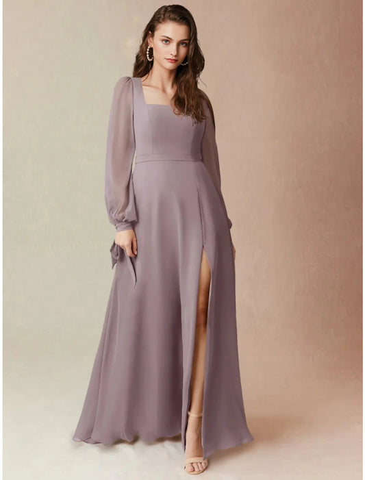 A-Line Bridesmaid Dress Square Neck Long Sleeve Elegant Floor Length Chiffon with Split Front / Ruching