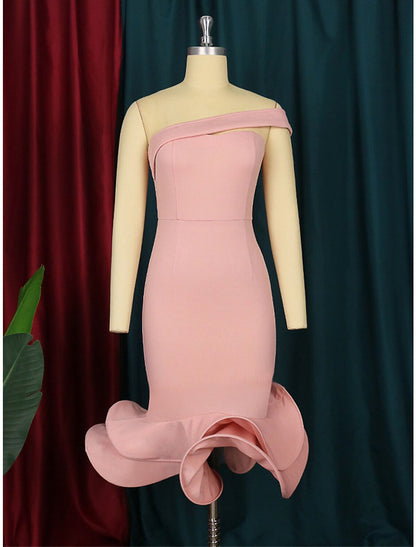 Women's Plus Size Curve Party Dress Cocktail Dress Bodycon Plain Midi Dress Sleeveless Ruffle Backless One Shoulder Fashion Party Pink Fall Winter