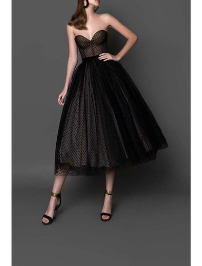 Ball Gown Cocktail Black Dress Vintage Dress Homecoming Cocktail Party Tea Length Sleeveless Strapless Wednesday Addams Family Tulle with Polka Dot