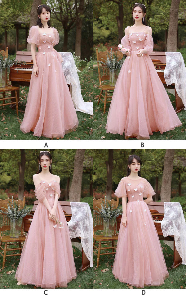 Pink Tulle Long A-Line Prom Dress Cute Pink Evening Party Dress