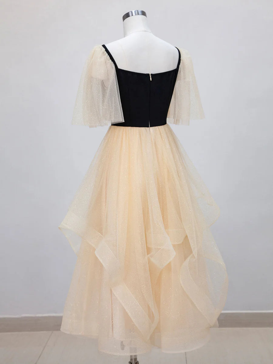 Buyishang Champagne A-Line Tulle Short Prom Dresses Champagne Formal Dress