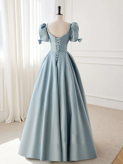 Buyishang A-Line Blue Satin Puffy Sleeve Long Prom Dress Blue Formal Dresses