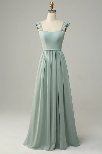 A Line Dusty Sage Ruffles Bridesmaid Dress