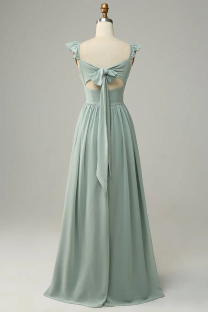 A Line Dusty Sage Ruffles Bridesmaid Dress