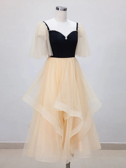 Buyishang Champagne A-Line Tulle Short Prom Dresses Champagne Formal Dress