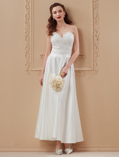 A-Line / Princess Spaghetti Strap Ankle Length Satin / Corded Lace Made-To-Measure Wedding Dresses with Appliques / Sashes